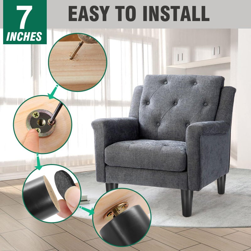 FoDau770 Black Rubber Wood Furniture Legs 7 Inches, Straight Tapered Wood Feet Mid Century Sofa Legs Set of 4, 5/16"" UNC Furniture Feet Replacement Parts for Cabinet Couch Dresser Chair Ottoman Table - Image 5